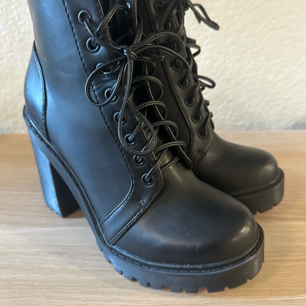 Black Lace-Up Heeled Boots vegan leather